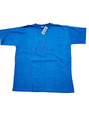 CHANEL Bright Blue Embroidered Logo Short Sleeve Tee - Men's